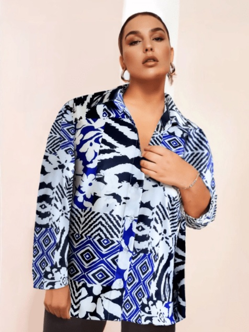 New York & Company Blue and White Printed Blouse - Medium